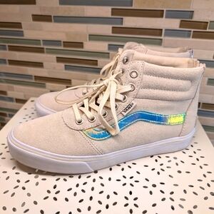Vans Sneaker Womens 6 Beige Hi Tops Skateboarding Lace Up with Iredecent Stripe
